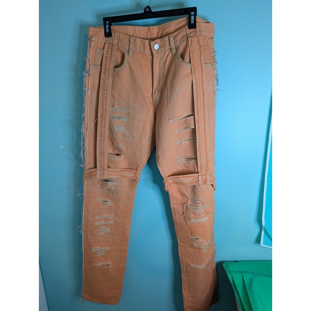 Mnml Distressed Deconstructed Denim Jeans Peach Orange Mens 34 Streetwear